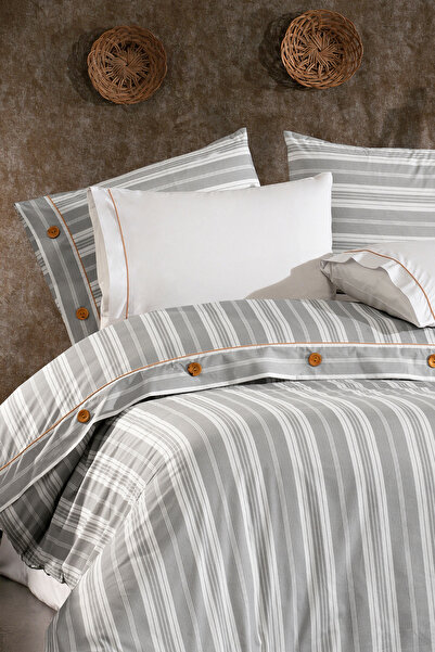 Serebien Home Collection Valentia 100% Cotton, Wooden Buttoned, Striped Fabric 6 Piece Premium Double Duvet Cover Set