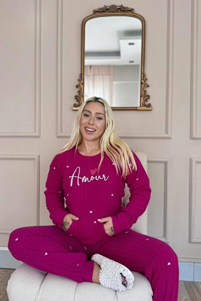 Pijamaevi Plum Amour Patterned Kangaroo Pocket Plush Fleece Pajama Set