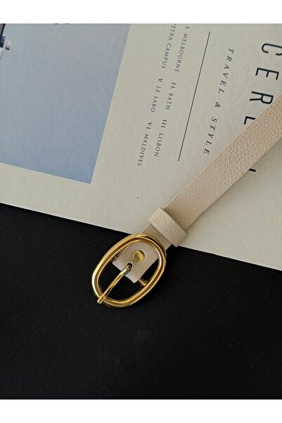 TABA BUTİK حزام جلدي نسائي بتفاصيل مشبك بيضاوي ذهبي