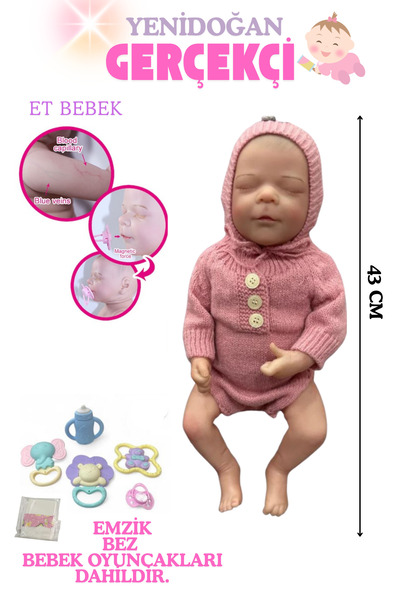 kosetoys Kız Bebek oyuncağı Gerçekci hareketli silikon bebek( Pembe Örgü Tulumlu) 43 cm Aksesuarlar Dahildir