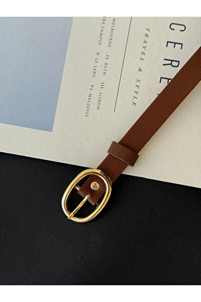 TABA BUTİK Gold Oval Buckle Detailed Women's Leather Belt