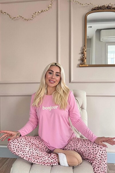 Pijamaevi Pink Bonjour Patterned Long Sleeve Bamboo Knitted Women's Pajama Set