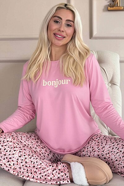 Pijamaevi Pink Bonjour Patterned Long Sleeve Bamboo Knitted Women's Pajama Set