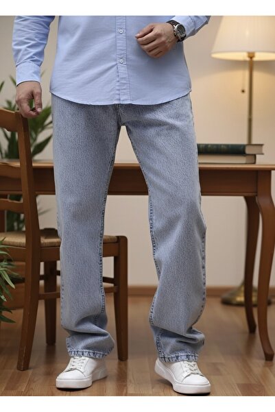 Lyvens Erkek Buz Mavi Baggy Oversize Bol Paça Jean kot Pantolon