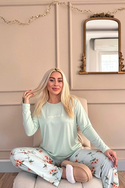 Pijamaevi Mint Spring Is My Life Floral Pattern Long Sleeve Bamboo Knitted Women's Pajama Set