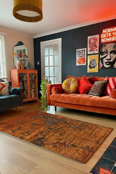 Kessy Home Studio Cloud Turuncu Soyut Desenli Modern Salon Halısı Kaymaz Taba...