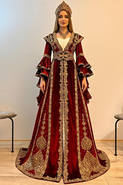 ZK ZÜMRÜT KAFTAN Kadife Kırmızı Kaftan Bindallı Kaftan Kına Gece Gelin Elbise...