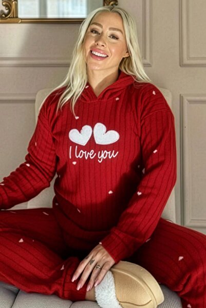 Pijamaevi Red Love You Patterned Hooded Plush Fleece Pajama Set