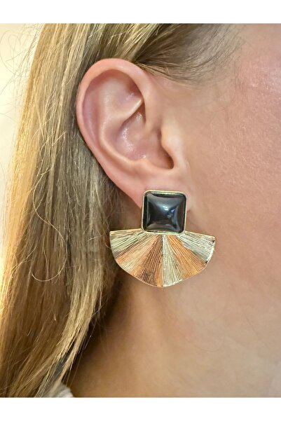 Snartun Gold Black Stone Half Sun Form Earrings – Modern and Stylish Women's Jewelry |   Special Boxed