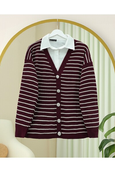 Modamorfo Stone Detailed Buttoned Knitwear Cardigan - Burgundy