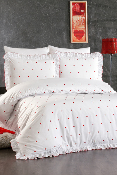 Serebien Home Collection Velora 100% Cotton Heart Pattern Embroidered, Ruffled 6 Piece Double Duvet Cover Set-Heart Duvet Cover