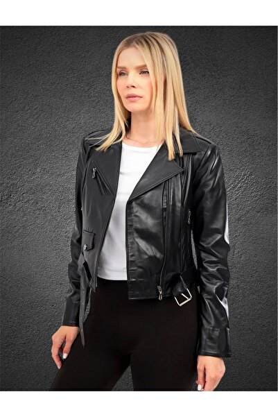 EVASİM Genuine Lambskin Leather Women's Coat (Black)