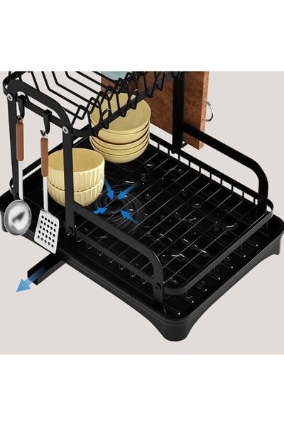 DMX Dish Drainer 2-Tier Rotating Drain System, Cutlery & Plate Holder, Black, 42x30x32 cm