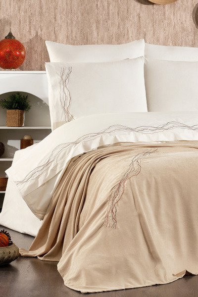 Serebien Home Collection 100% Cotton Marble Pattern Embroidered, 7-Piece Double Duvet Cover Set with Pique Bedspread