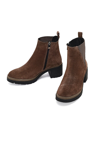 Derimod Women's Mink Zippered Thick Heeled Suede Leather Boots 25Wfd340210