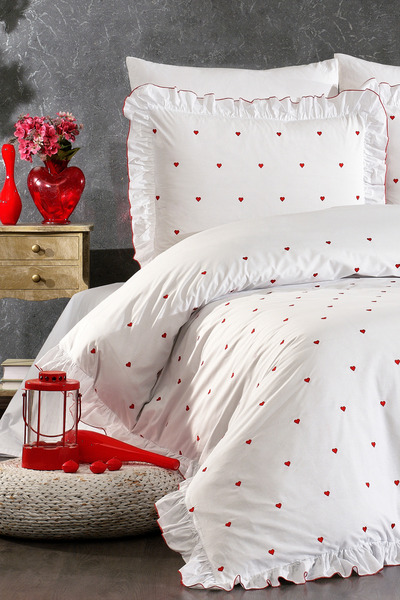 Serebien Home Collection Velora 100% Cotton Heart Pattern Embroidered, Ruffled 6 Piece Double Duvet Cover Set-Heart Duvet Cover