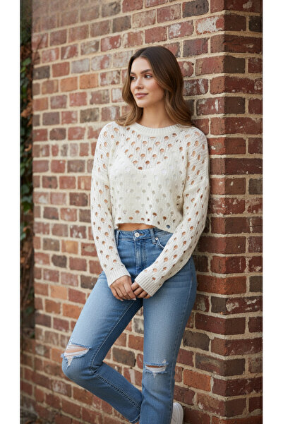 HepsitrentStore Crew Neck Long Sleeve Lace-Like Knit Pattern Knitwear Sweater