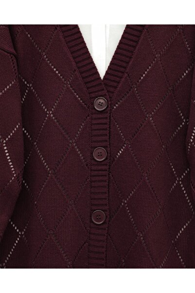 Modamorfo Lace-Like Knit Diamond Patterned Knitwear Cardigan - Claret Red