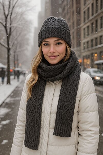 MARBERRY Anthracite Knitwear Braided Women's Scarf Beanie Set of 2 180X20 cm