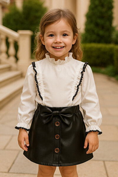 Selvira Special Day Girl's Set |   Hakim Collar Blouse and Buttoned Black Lea...
