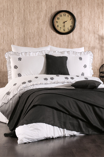 Serebien Home Collection Belora 100% Cotton Bud Flower Embroidered, Ruffled, Piqued 9 Piece Double Duvet Cover Set