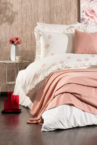 Serebien Home Collection Belora 100% Cotton Bud Flower Embroidered, Ruffled, Piqued 9 Piece Double Duvet Cover Set