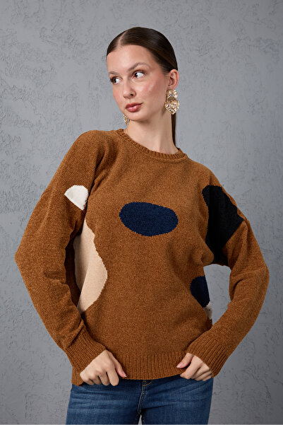 Moda Days Women's Tan Chenille Velvet Color Block Crew Neck Knitwear Sweater