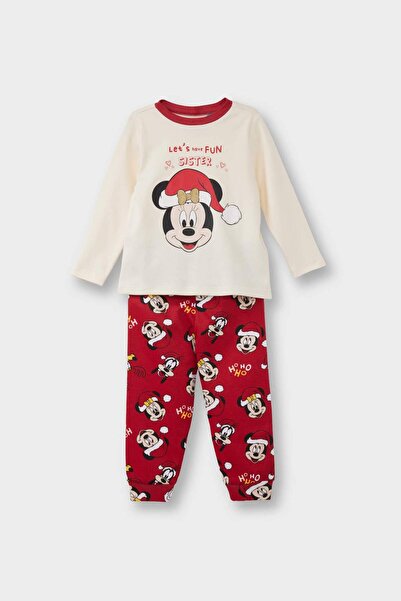DeFacto Baby Girl Disney Mickey & Minnie Christmas Themed Pajama Set Long Sleeve Top Long Bottom F4595A525Wn