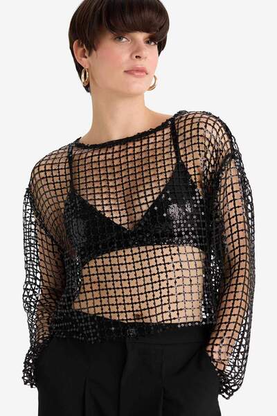 DeFacto Μπλούζα με μακρυμάνικο ύφασμα με παγιέτες G4444AX25AU