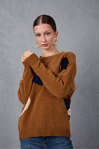 Moda Days Women's Tan Chenille Velvet Color Block Crew Neck Knitwear Sweater