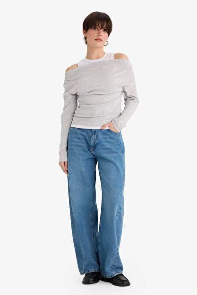 DeFacto εφαρμοστό Μακρυμάνικο μπλουζάκι με μονό ώμο με διπλή στρώση ριμπάντα G6336AX25WN