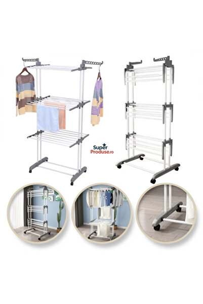 Super USCĂTOR VERTICAL MARE DE RUFE – PLIABIL, MOBIL PE ROȚI, 3 NIVELE , SUPORT UMERAŞE, 170 CM, MAX 40 KG