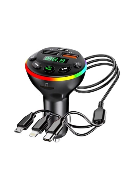 DMX Car Bluetooth FM Transmitter HM135-A, 3-in-1 Cable, LED Display, RGB, TF Slot, 2x USB, Type-C, Fast