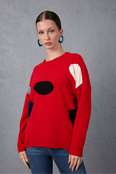 Moda Days Women's Red Chenille Velvet Color Block Crew Neck Sweater