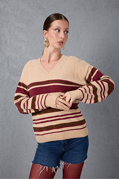 Moda Days Pulover de tricot din catifea chenille cu decolteu în V cu dungi be...