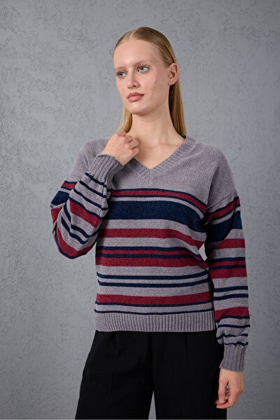 Moda Days سترة نسائية منسوجة من القطيفة الشنيل ذات خطوط رمادية وياقة على شكل ...