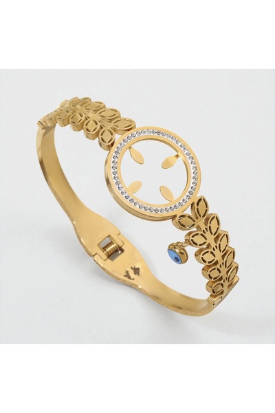 CAXBERN 22 Ayar Altın Kaplama Çeyreklik Başak Model Çeyrek Takılabilen Zirkon Taşlı Çelik Kelepçe Bileklik