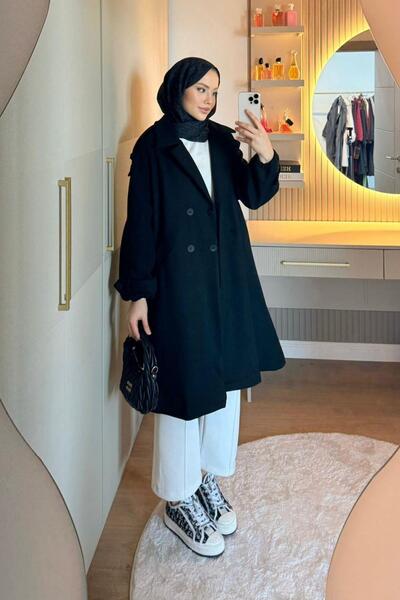 Hazamoda Μαύρο παλτό με ζώνη στους ώμους