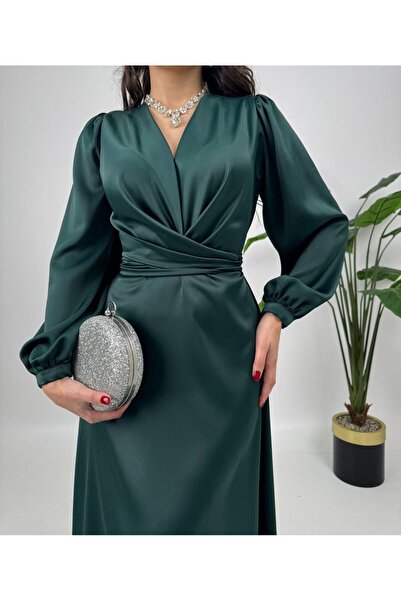 Bellucia Saten Kruvaze Yaka Kuşaklı Midi Elbise