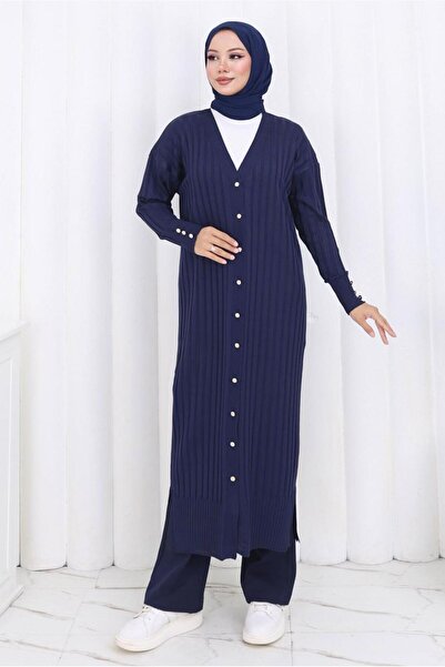 TRENDTESETTÜR Women's Dark Blue Long Knit Cardigan t 7523