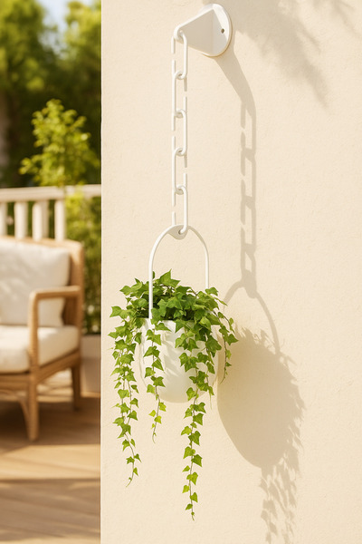 TTS DİZAYN Modern Beyaz Zincirli Asma Saksı – Duvar Tipi Dekoratif Bitki Askısı