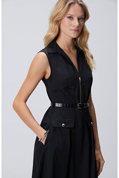 Network Siyah Fermuarlı Midi Elbise