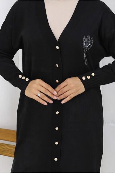 TRENDTESETTÜR Women's Black Sequin Detail Knit Cardigan t 0623