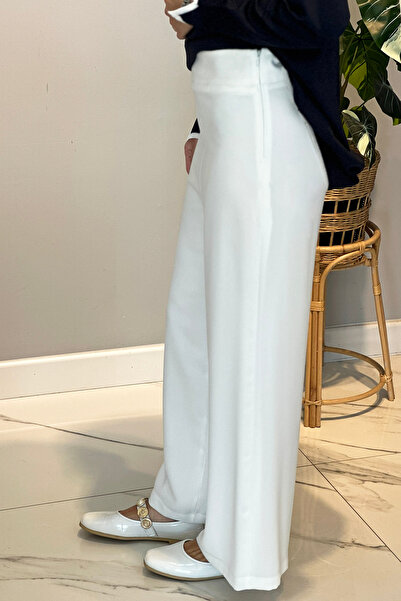 Lale Butik Crepe Fabric Wide Leg Trousers 16008 Ecru