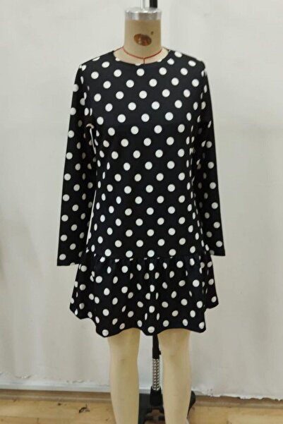 Mossta Crew Neck Polka Dot Modal Dress - Black