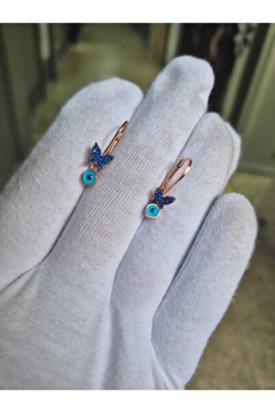 Papatya Silver 925 Ayar safir taşlı nazar gözlü kelebek küpe.nazar küpe.rose.gold.rodaj