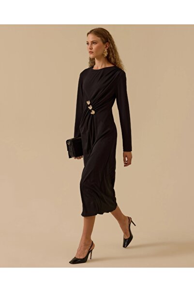 SEÇİL YENİ KADIN gold aksesuar detaylı drapeli elbise 10002521310003