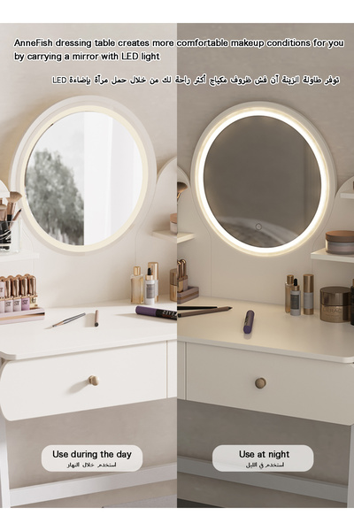 AnneFish Bedroom Dresser Stool Set With LED Light Mirror And Drawers For Make Up Vanity Table 3 Levels Light