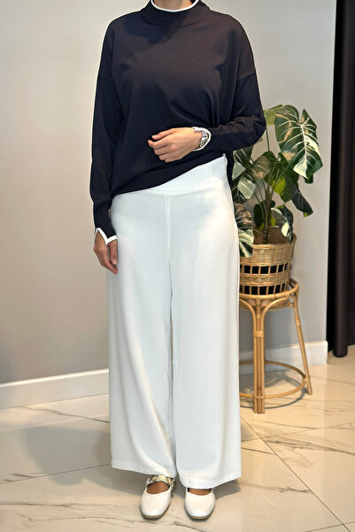 Lale Butik Crepe Fabric Wide Leg Trousers 16008 Ecru