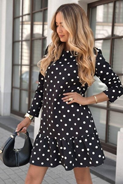 Mossta Crew Neck Polka Dot Modal Dress - Black
